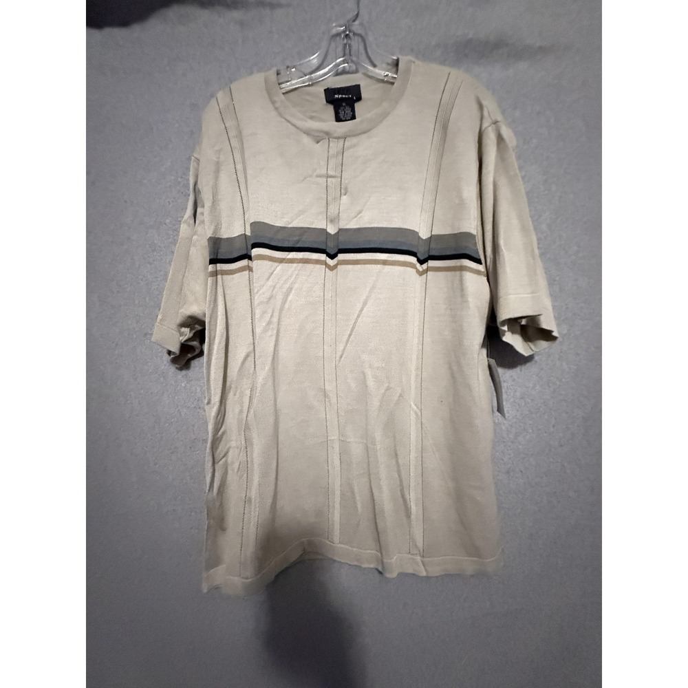 TAG Sport Shirt Mens XL Beige Silk Cotton Crewneck Short Sleeve‎ Stripe Knit